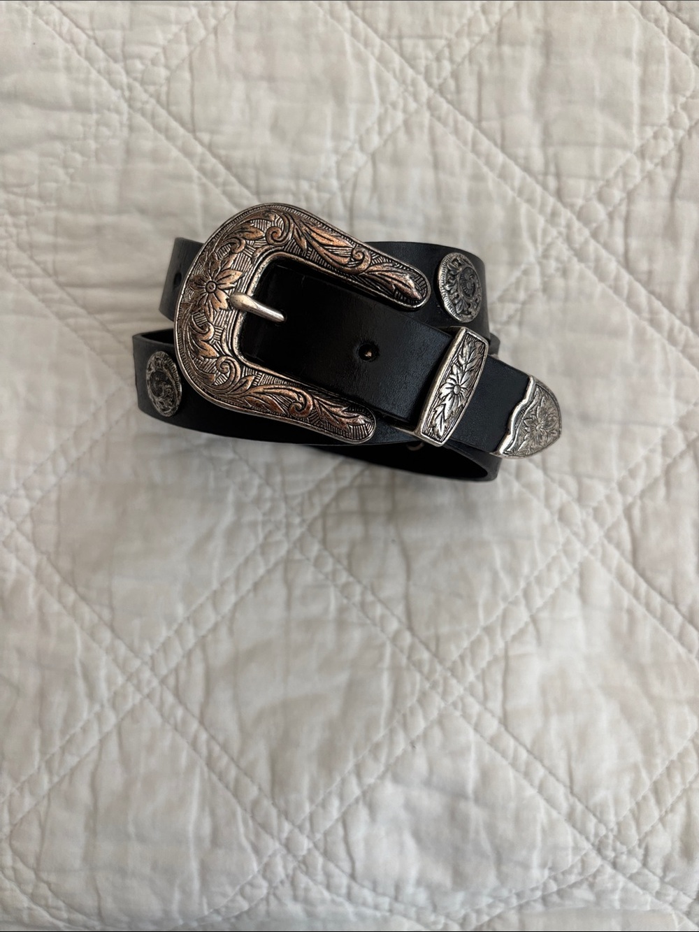Western Black Concho Belt XL Silver Engraved Buckle Y2K Cowgirl Boho